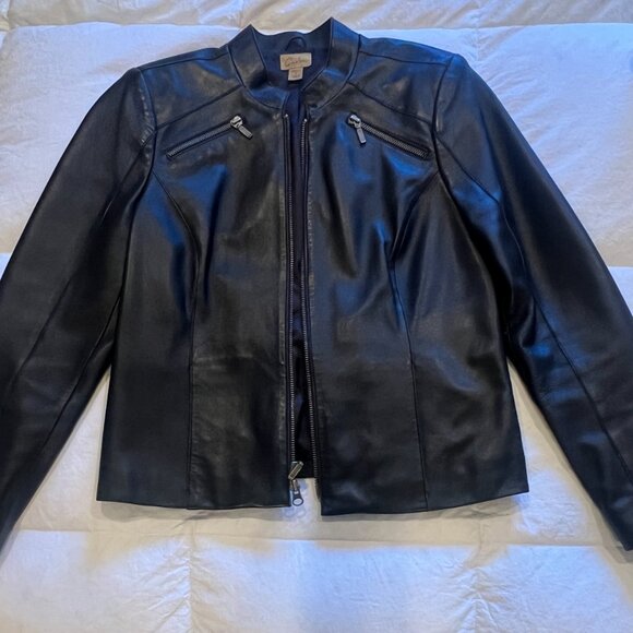 Ladies Black Leather jacket with pockets, made by Caslon, size Petite Small - Picture 2 of 11